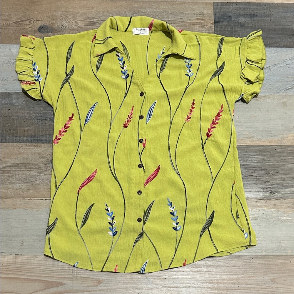 Anthropologie Sapphire Women’s Green Embroidery Ruffle Buttoned Blouse Sz L Chic
